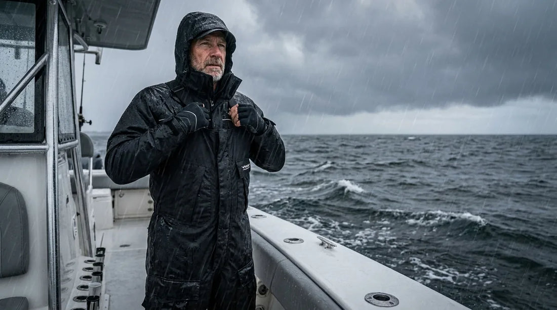 angler on a rain-soaked boat deck wearing full jacket and bib rain suit, adjusting bib shoulder straps, heavy rain and grey skies over open water