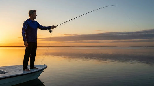 angler standing at the bow of a flats boat in full morning light, wearing a long-sleeve UPF fishing shirt, rod in hand, calm water stretching to horizon