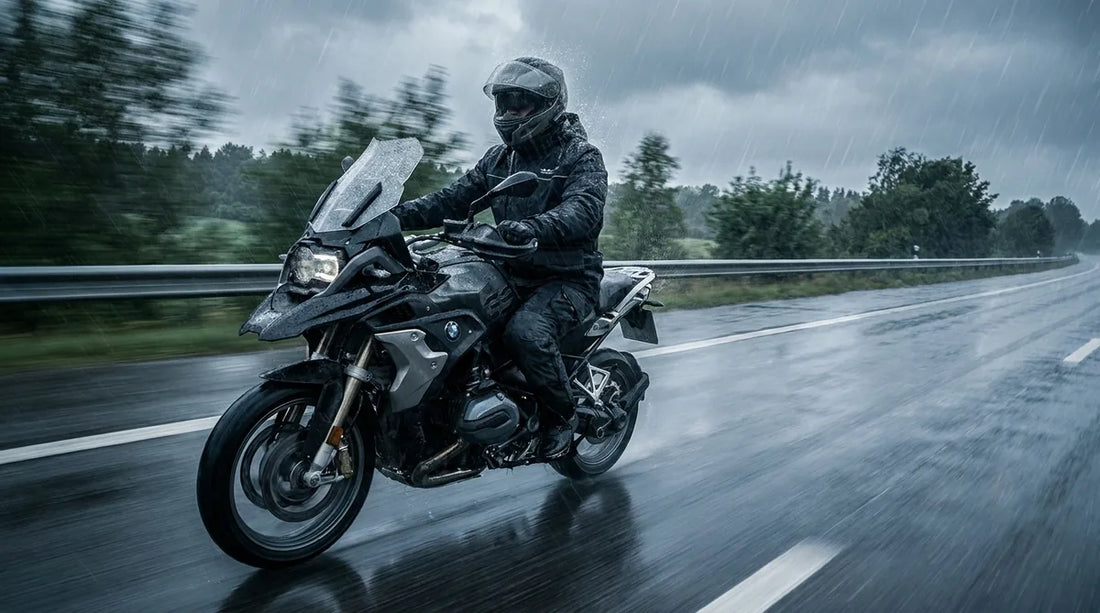 motorcyclist in full rain suit riding on wet highway, rain streaming off jacket and bibs, overcast sky, motion blur on background