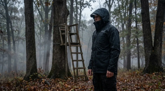 hunter in full rain gear standing in a misty hardwood forest near a deer stand, overcast sky, wet leaves on ground, wearing dark camo rain jacket with hood up
