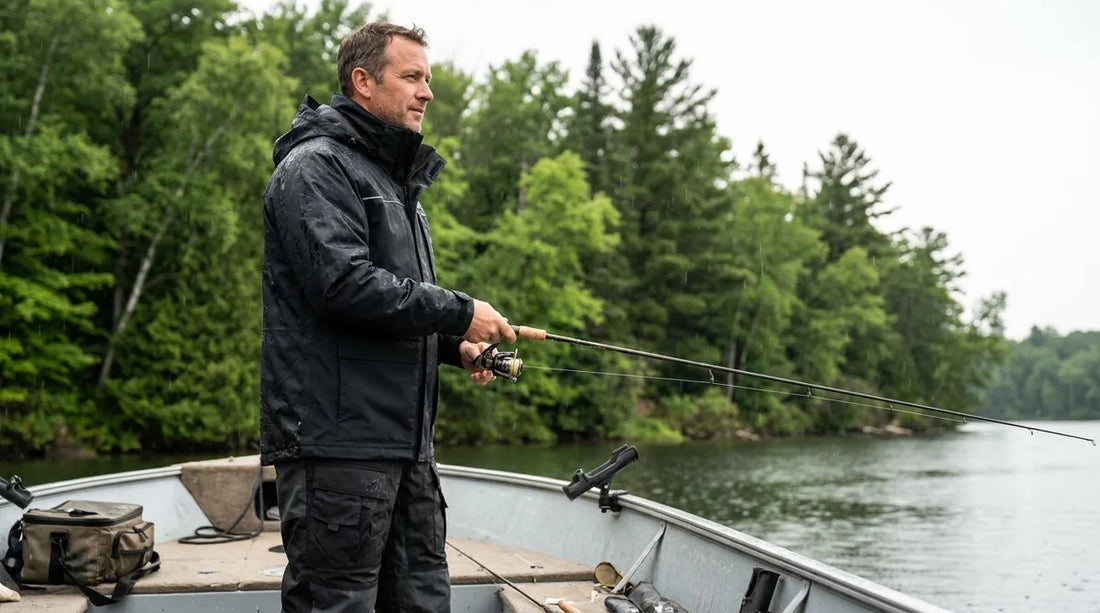 angler in rain gear on a boat in light rain, visibly comfortable and dry, warm weather setting with green treeline in background
