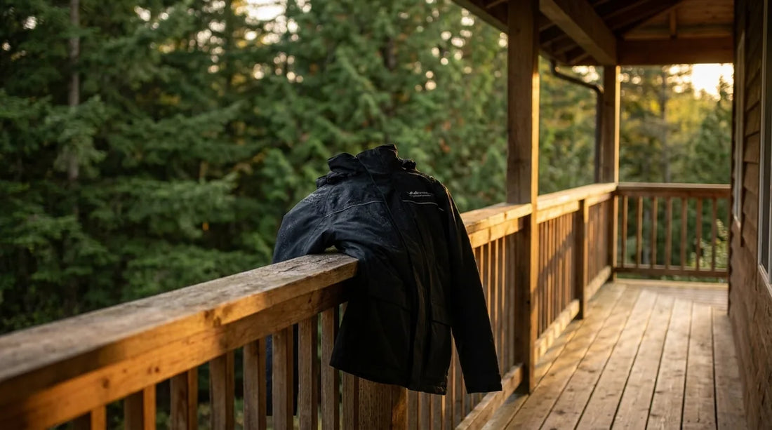 angler hanging wet rain jacket on wooden lodge porch railing in evening light, forest background, gear drying after a full day on the water
