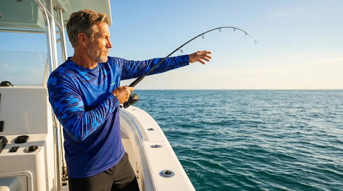 large-framed angler in a long-sleeve UPF fishing shirt standing on a boat deck, casting rod in bright sun over open water, shirt fitting cleanly through shoulders and chest