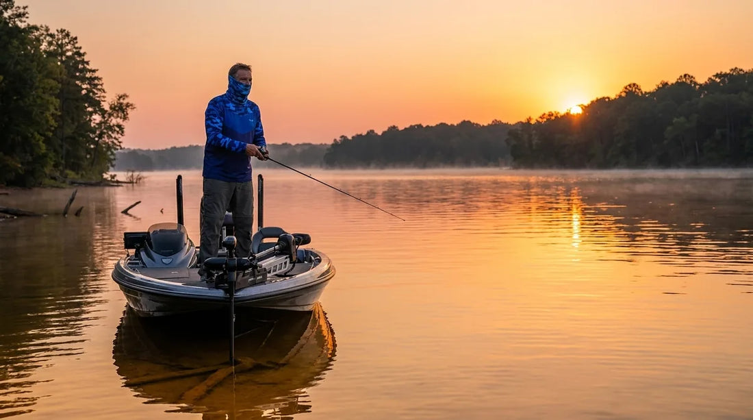tournament angler on a bass boat at dawn, long-sleeve UPF shirt and neck gaiter pulled up, golden morning light reflecting off calm lake water, rod in hand ready to cast