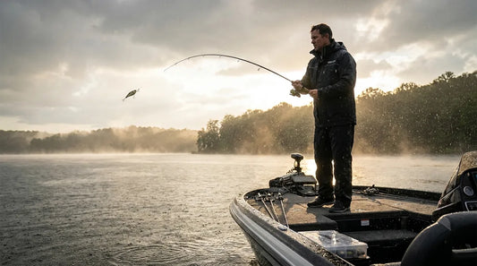 angler on a bass boat casting a topwater lure toward a shoreline treeline as a summer storm clears in the background, rain-streaked water, humid golden light breaking through clouds