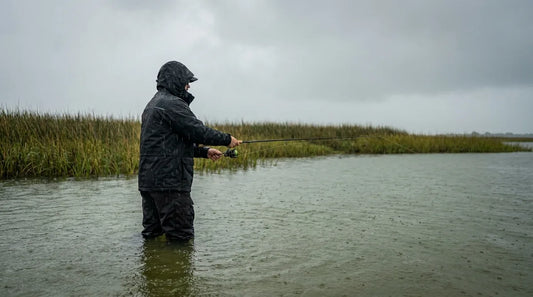 angler in rain gear working an inshore flat with a jig rod, overcast sky, murky green water, marsh grass in background