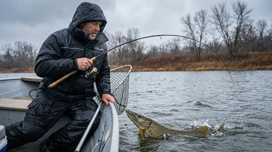 angler in a small boat fighting a large pike boatside in steady cold rain, overcast late-fall sky, choppy gray water, net ready