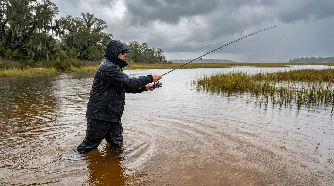 angler wading shallow Gulf Coast marsh flat, overcast sky with light rain, casting toward flooded grass edge, brackish water with copper tint