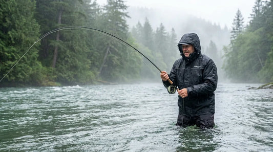 angler wading a misty Pacific Northwest river in steady rain, rod bent hard into a running salmon, dense evergreen bank blurred in the background