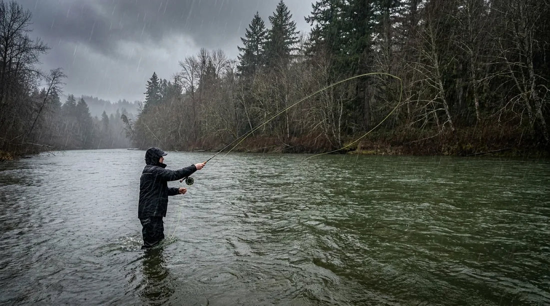 angler in full rain gear standing mid-thigh deep in a rain-swollen winter river, casting a long rod while heavy rain falls, grey overcast sky, green-tinted water with visible current