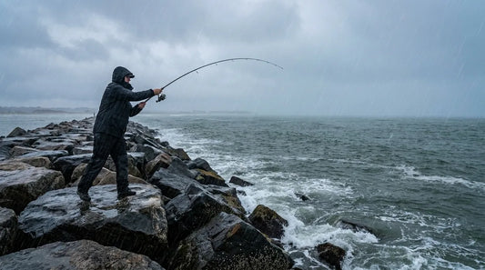 angler casting from a rocky jetty in overcast rainy conditions, waves breaking nearby, wearing dark waterproof rain jacket