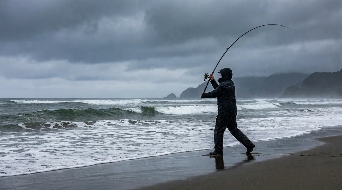 shore angler in rain gear casting into churning surf from a sandy Pacific Coast beach, overcast sky, green-grey water with whitewater