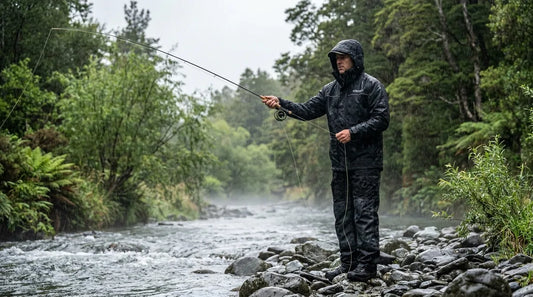 angler in rain jacket standing at edge of river, casting into a rifle run, overcast sky with light drizzle, green foliage in background