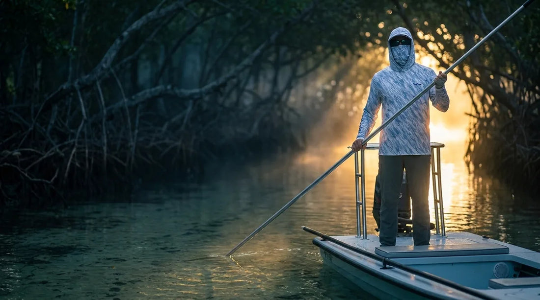 angler poling a shallow skiff into a dark mangrove tunnel, golden morning light angling in from the tunnel entrance, water surface reflecting light upward onto the angler's face and arms