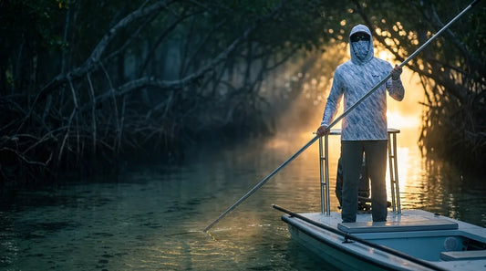 angler poling a shallow skiff into a dark mangrove tunnel, golden morning light angling in from the tunnel entrance, water surface reflecting light upward onto the angler's face and arms