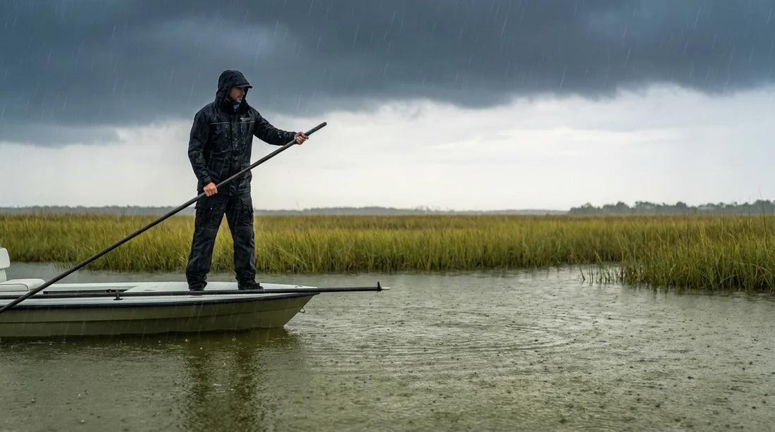 angler poling a shallow-water flats skiff in steady rain, scanning the surface, overcast sky, green marsh grasses in background
