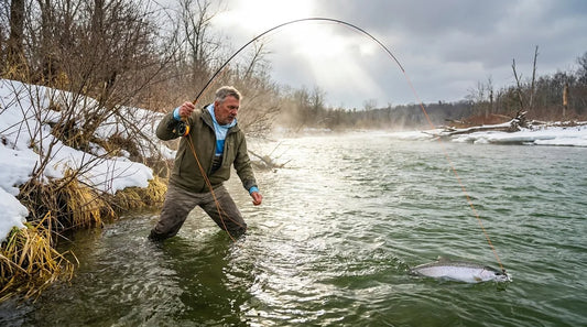 angler wade fishing in a Great Lakes tributary in early spring, snow still visible on bank, bright overcast sky with patches of intense sun, wearing a UPF long sleeve shirt layered under a softshell, rod bent with a steelhead on