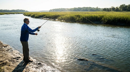 angler in long-sleeve fishing shirt casting from the bank of a tidal river at mid-morning, striped bass in the water below, strong sunlight reflecting off the river surface