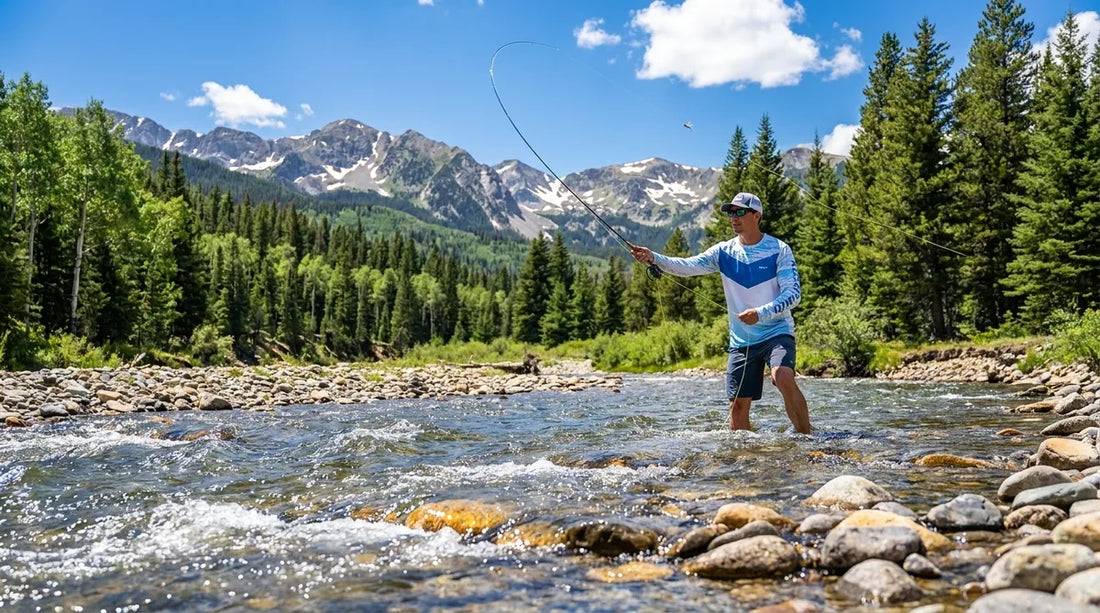 angler wading a shallow river in summer, midday light, wearing a light-colored long-sleeve UPF shirt, casting upstream with mountains in background