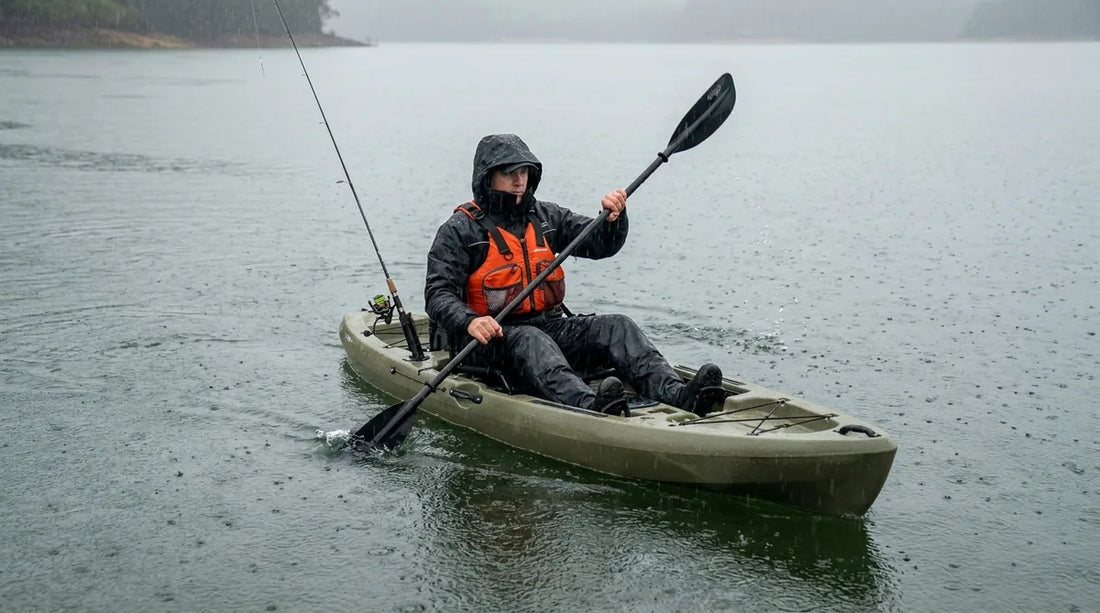 angler paddling a fishing kayak in steady rain, wearing a dark rain jacket under an orange PFD, rod holder visible, rain rings on grey water