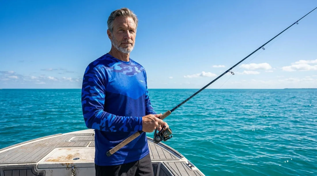 angler on boat holding fishing rod, wearing long-sleeve UPF shirt in bright midday sun, water visible in background, shirt appears clean and vibrant after heavy use