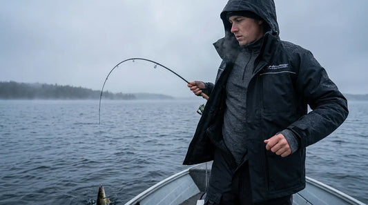 angler standing at the bow of a boat in cold overcast weather, layered in a waterproof jacket over visible base layers, reeling in a fish with steam-like breath visible in the cold air