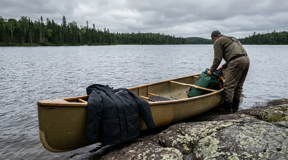 angler loading a canoe on a Minnesota lake shoreline, grey overcast sky, rain gear jacket visible on the bow seat, dense boreal forest in background