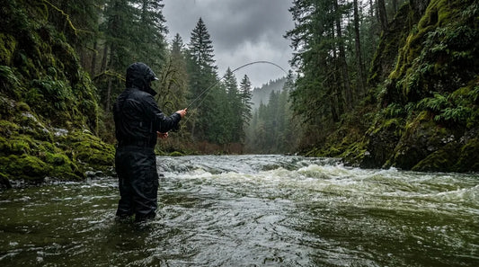 wade angler in full rain gear standing thigh-deep in a rain-swollen river, overcast sky, green canyon walls in background, rod bent toward fast current seam