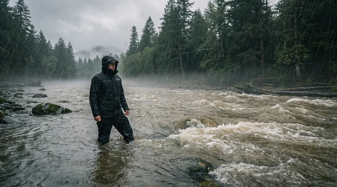 angler in full rain gear wading a swollen, coffee-colored river in the Pacific Northwest, rain falling hard, overcast grey sky, trees on far bank