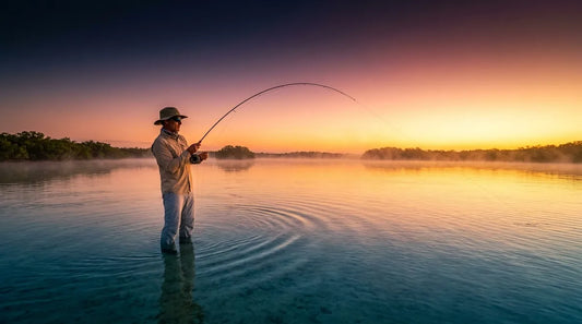 angler wading a shallow saltwater flat at dawn, tidal current visible around legs, rod bent, mist rising off water
