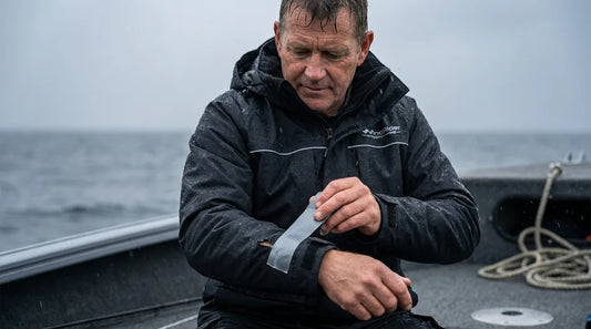 angler on a boat mid-drizzle carefully pressing a strip of repair tape onto a torn jacket sleeve, focused expression, gray overcast sky, water visible behind him