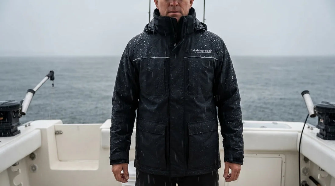 angler standing on a boat deck in steady rain wearing a dark rain jacket, water visibly beading and rolling off the shoulders and sleeves, overcast gray sky, mid-shot