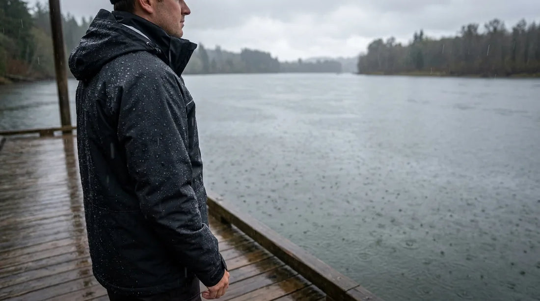 angler in rain gear on a wet dock, jacket beading water with visible droplets rolling off the surface, overcast sky with rain falling
