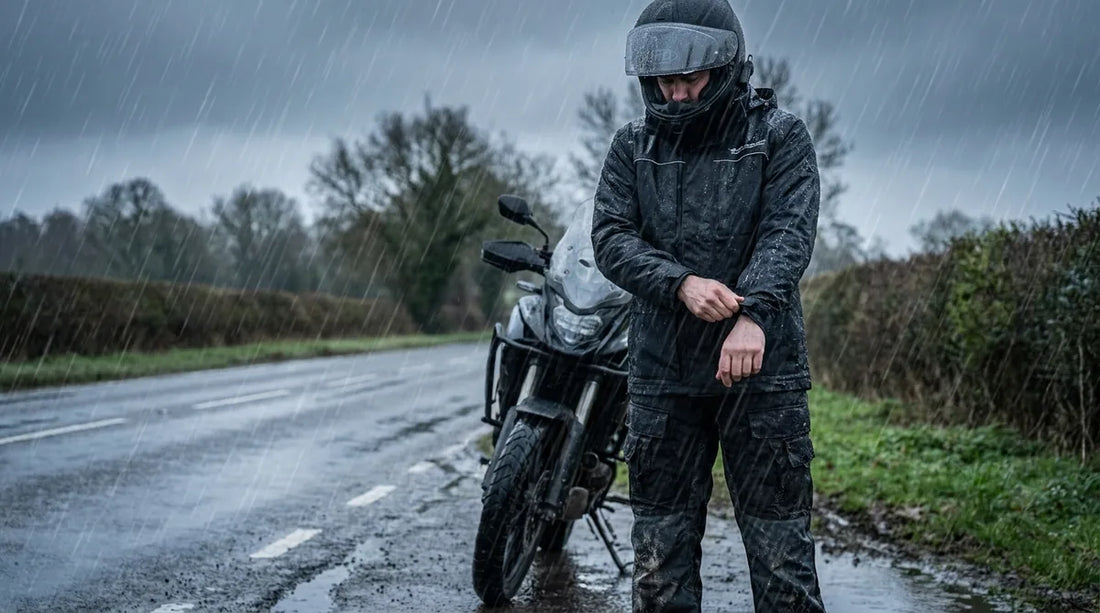 rider on motorcycle in heavy rain, wearing black rain suit over riding gear, stopped at roadside pulling cuff tight, dark overcast sky