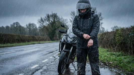 rider on motorcycle in heavy rain, wearing black rain suit over riding gear, stopped at roadside pulling cuff tight, dark overcast sky