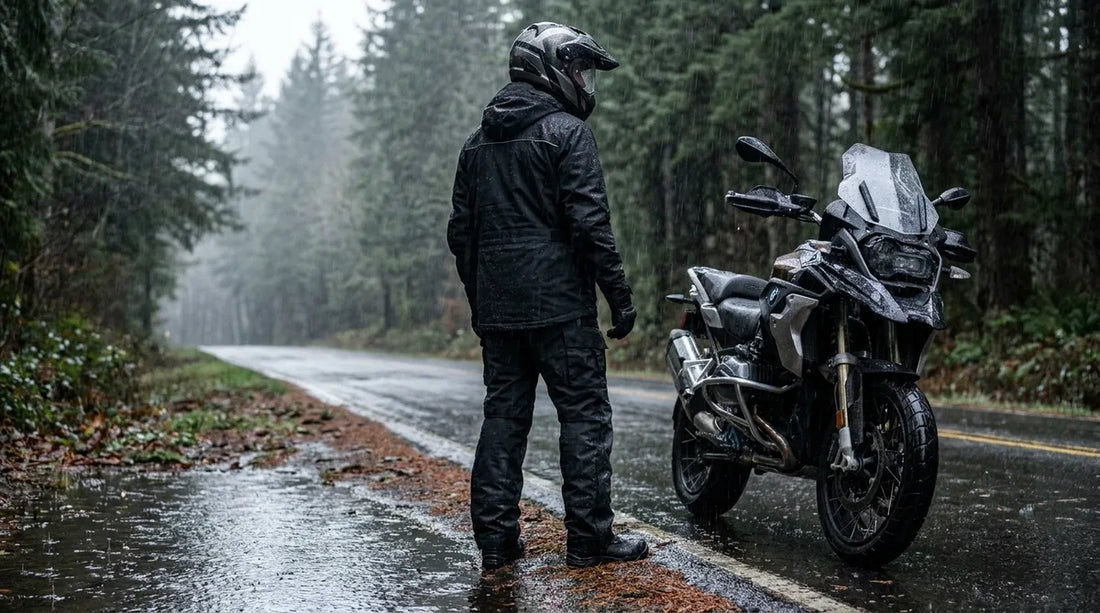 rider in full rain suit standing beside motorcycle on wet road, rain visible in background, gear properly layered and sealed at wrists and ankles