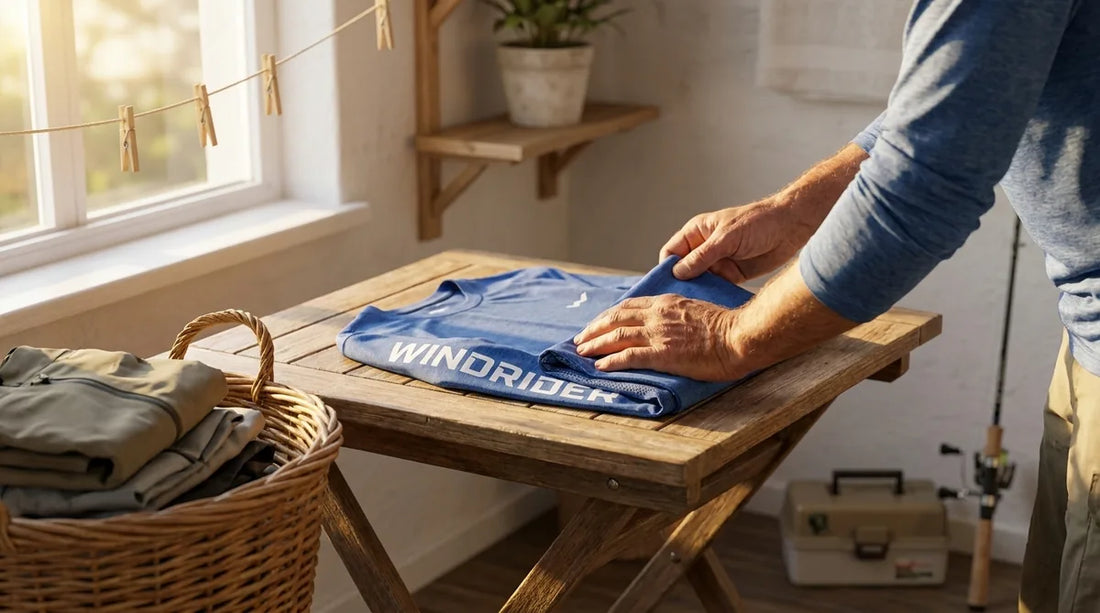 angler at home folding a dry UPF long-sleeve fishing shirt fresh off the line, laundry basket nearby, warm afternoon light through a window, prepping gear for the next trip