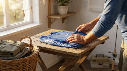 angler at home folding a dry UPF long-sleeve fishing shirt fresh off the line, laundry basket nearby, warm afternoon light through a window, prepping gear for the next trip