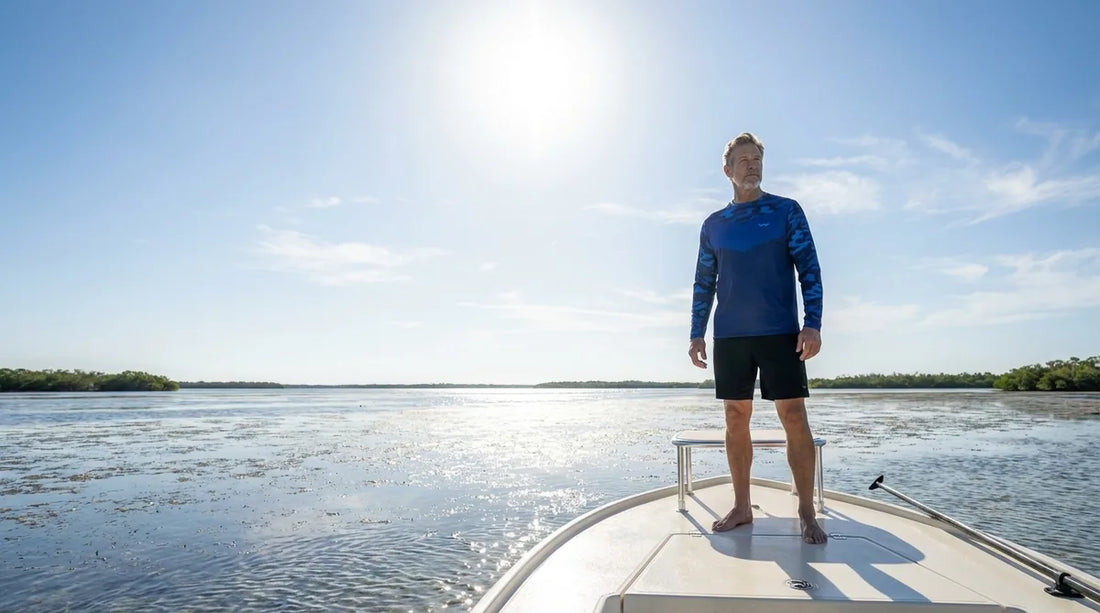 angler on open water flats boat in bright midday sun, wearing a long-sleeve UPF fishing shirt, UV rays visually implied by harsh overhead light and reflective water surface