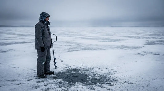 angler in orange and black ice fishing float suit standing at an ice hole, auger beside him, overcast winter sky, frozen lake stretching to horizon