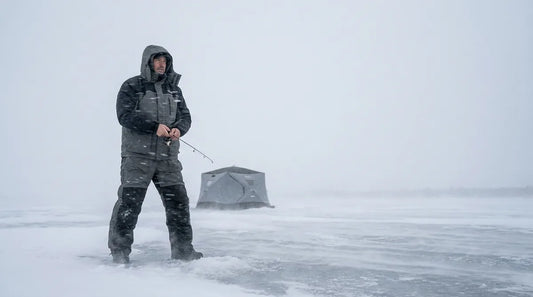 angler in bright orange/high-visibility ice suit standing on a frozen lake in heavy snowfall, near a portable ice shelter, wind-blown snow reducing visibility, tense and alert posture