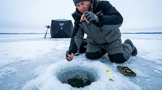 angler kneeling over an ice hole, tungsten jig suspended in clear water visible through the hole, winter light on a frozen lake
