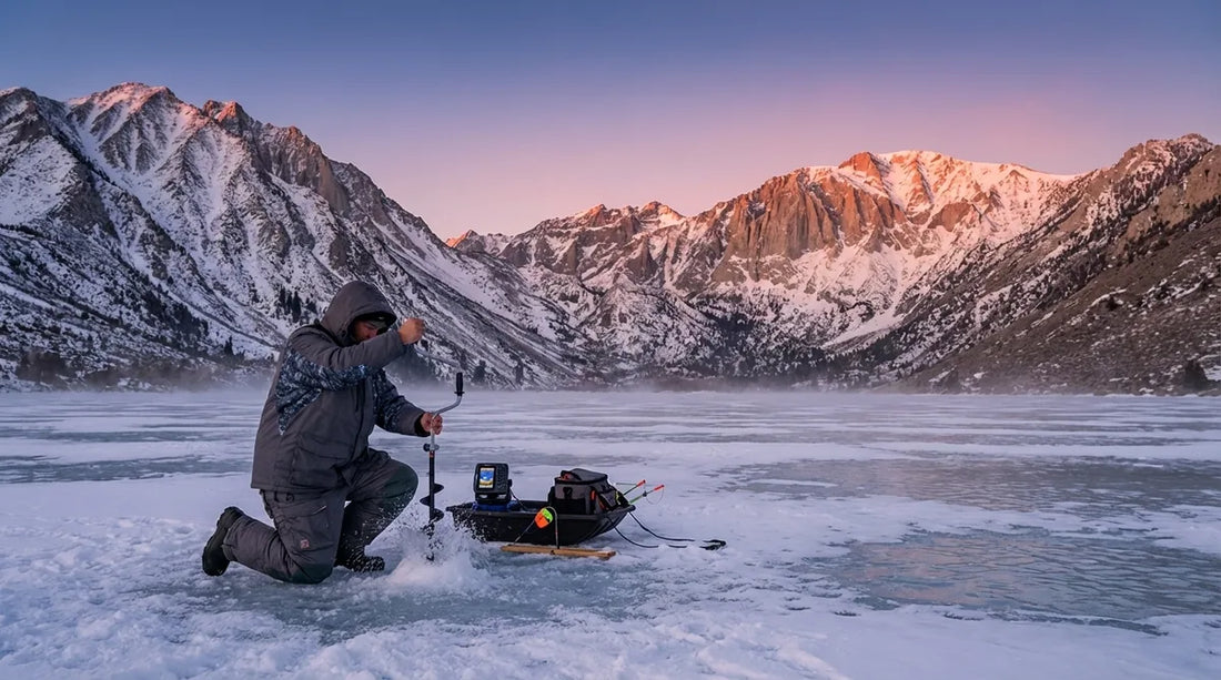 angler drilling a hole on a snow-covered mountain reservoir at dawn, peaks in background, bright winter sky, setting up ice fishing gear