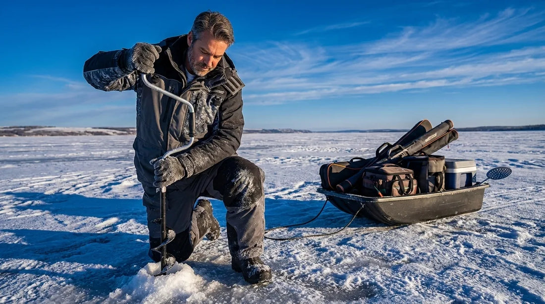 angler in a float suit drilling a new ice hole on a clear winter day, wide lake expanse behind them, multiple rod cases visible on a sled nearby