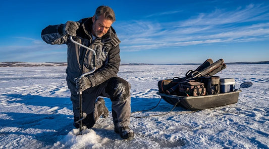angler in a float suit drilling a new ice hole on a clear winter day, wide lake expanse behind them, multiple rod cases visible on a sled nearby