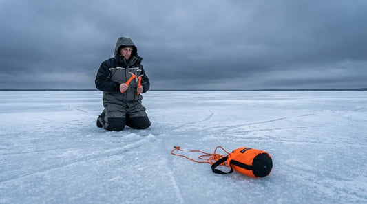 ice angler kneeling on frozen lake holding ice rescue picks, safety throw rope bag visible in foreground, overcast winter sky, frost on ice surface