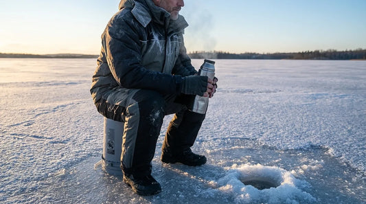 angler seated on an ice fishing bucket beside a shanty hole, hands wrapped around a warm thermos, winter frost visible on their suit, low-angle morning light