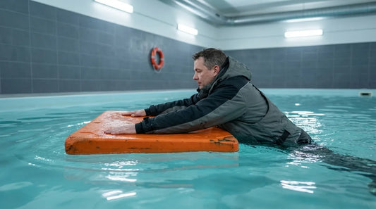 angler standing waist-deep in a shallow pool in a grey ice fishing float suit, both arms extended onto a foam training platform, practicing the self-rescue slide-out technique, indoor pool setting, overhead fluorescent lighting