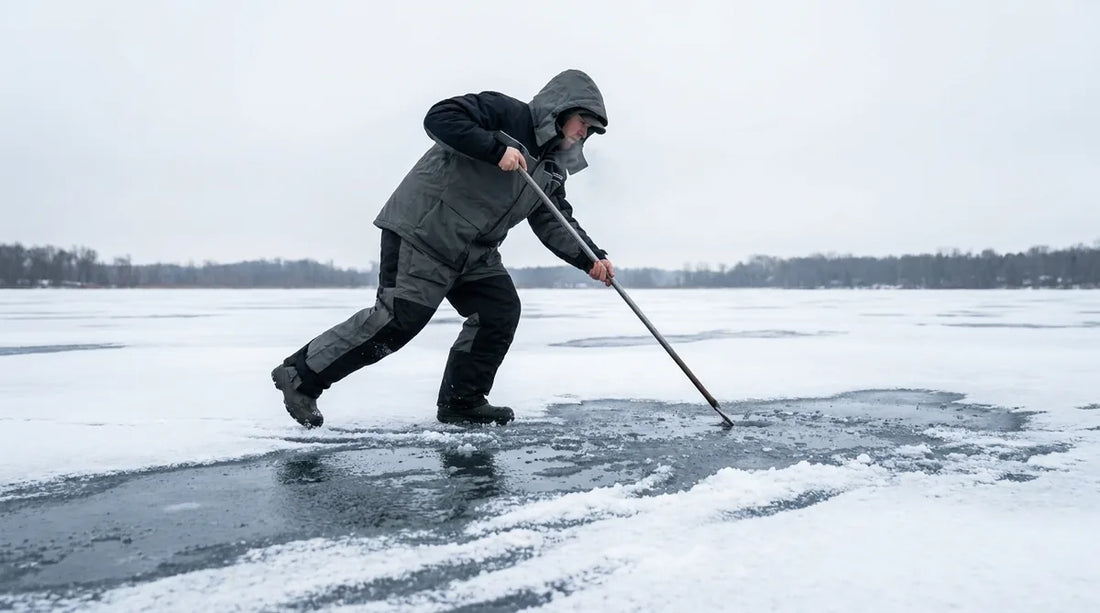 angler in an insulated float suit walking cautiously across late-season lake ice, dark wet patches and slush visible underfoot, overcast grey spring sky, testing the surface ahead with a spud bar