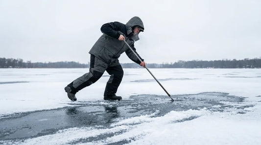 angler in an insulated float suit walking cautiously across late-season lake ice, dark wet patches and slush visible underfoot, overcast grey spring sky, testing the surface ahead with a spud bar
